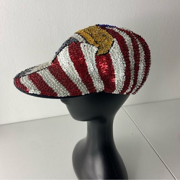 American Flag All Over Sequined Ball Cap Eagle Stripes Stars Patriotic USA OS - Picture 5 of 14